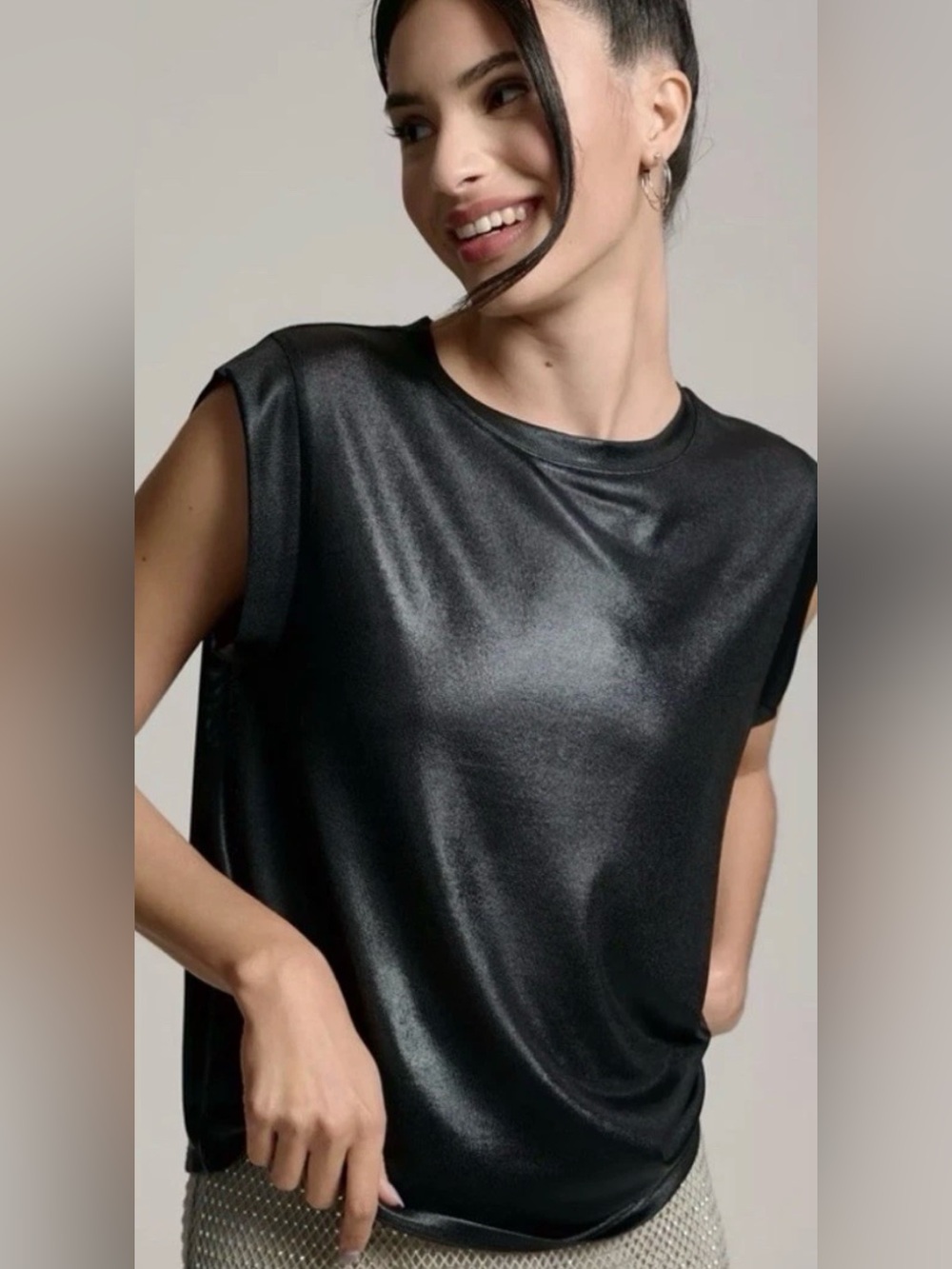 Porridge Anthropologie Shine Muscle Tee Top Black Sheer